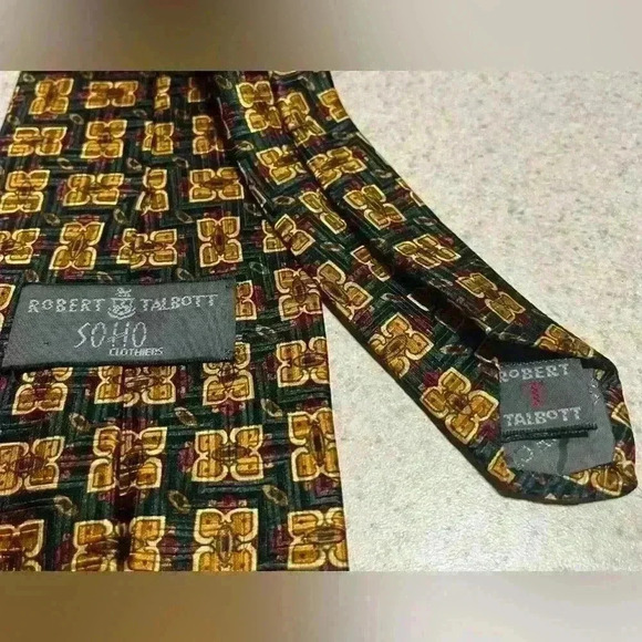 Robert Talbott Silk Necktie Green/Gold Square Print Handsewn - Picture 7 of 7